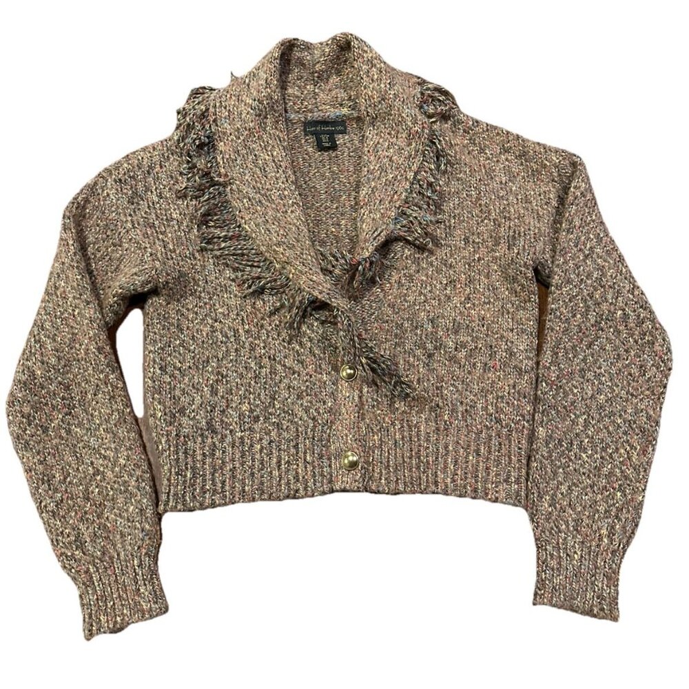 HOUSE OF HARLOW 1960 Sparkle Knit Sweater Gold Buttons Medium Fringe Trim